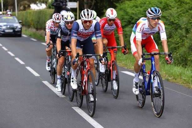 Edward Theuns of Belgium and Team Trek - Segafredo & Jérémy Cabot of France and Team Team TotalEnergies in the Breakaway during the 108th Tour de...