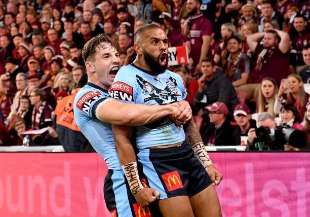 Josh Addo-Carr of the Blues celebrates with team mate Cameron Murray after scoring a try during game two of the 2021 State of Origin series between...