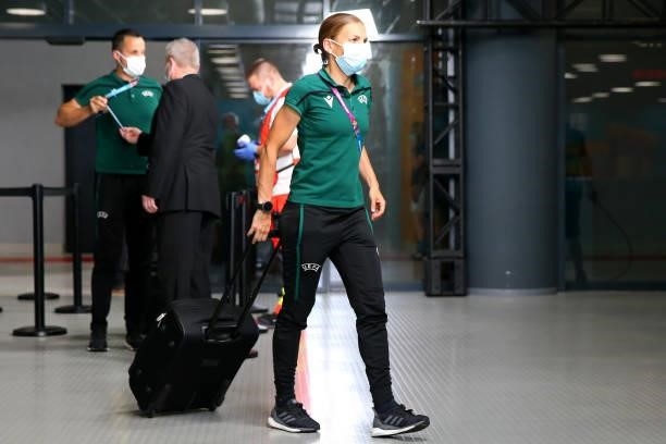 Match Official, Stephanie Frappart is seen wearing a face mask as they arrive at the stadium prior to the UEFA Euro 2020 Championship Round of 16...
