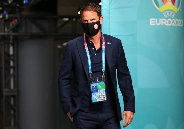 Frank de Boer, Head Coach of Netherlands is seen wearing a face mask as he arrives at the stadium prior to the UEFA Euro 2020 Championship Round of...