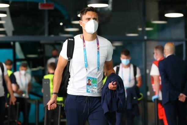 Ales Mateju of Czech Republic is seen wearing a face mask as he arrives at the stadium prior to the UEFA Euro 2020 Championship Round of 16 match...
