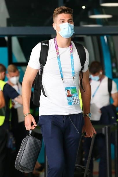 Patrik Schick of Czech Republic is seen wearing a face mask as he arrives at the stadium prior to the UEFA Euro 2020 Championship Round of 16 match...