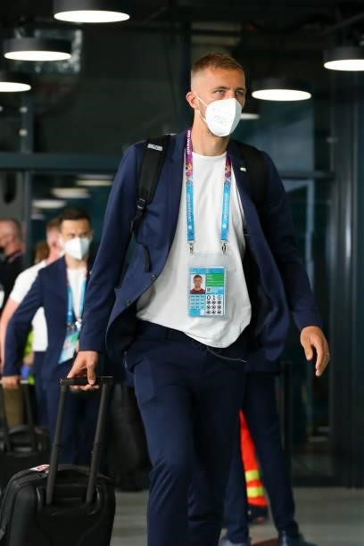 Tomas Soucek of Czech Republic is seen wearing a face mask as he arrives at the stadium prior to the UEFA Euro 2020 Championship Round of 16 match...