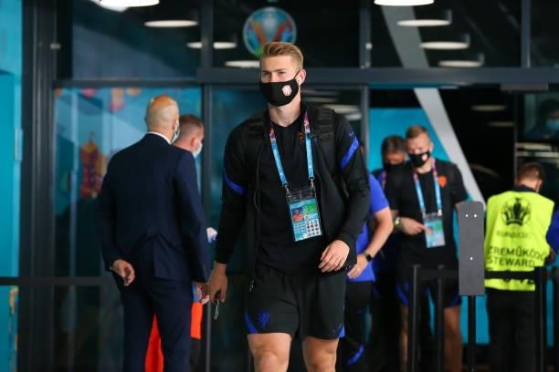 Matthijs de Ligt of Netherlands is seen wearing a face mask as he arrives at the stadium prior to the UEFA Euro 2020 Championship Round of 16 match...
