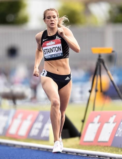 Katie Stainton of Birchfield Harriers wins the Womens Heptathlon 800m during Day Three of the Muller British Athletics Championships at Manchester...