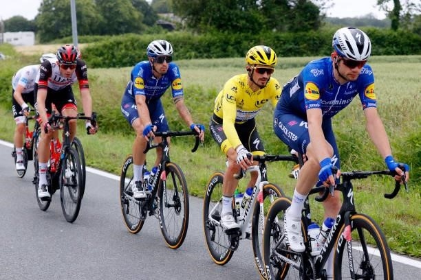 Mattia Cattaneo of Italy, Julian Alaphilippe of France and Team Deceuninck - Quick-Step yellow leader jersey, Kasper Asgreen of Denmark during the...