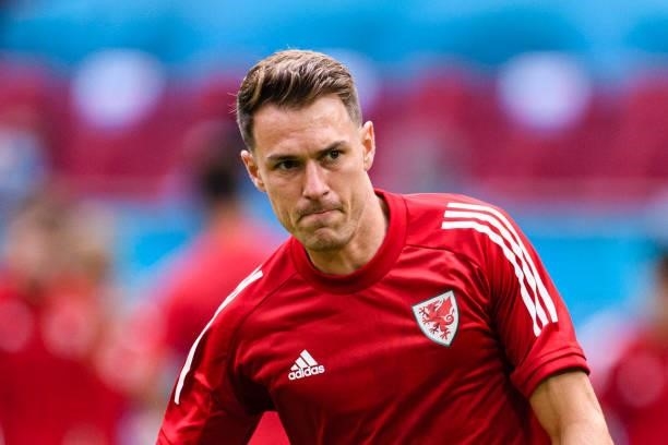 Aaron Ramsey of Wales warming up during the UEFA Euro 2020 Championship Round of 16 match between Wales and Denmark at Johan Cruijff Arena on June...