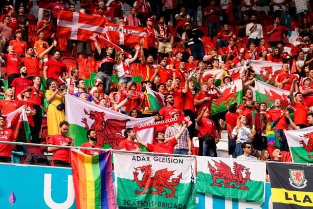 Wales supporters having fun during the UEFA Euro 2020 Championship Round of 16 match between Wales and Denmark at Johan Cruijff Arena on June 26,...
