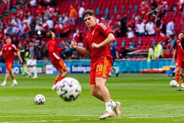 Daniel James of Wales warming up during the UEFA Euro 2020 Championship Round of 16 match between Wales and Denmark at Johan Cruijff Arena on June...