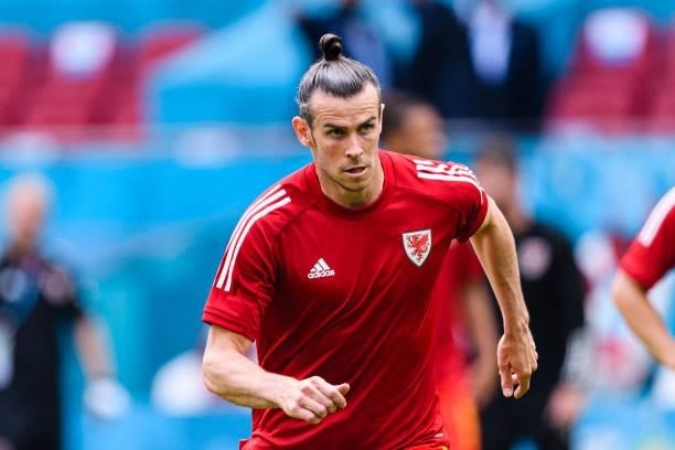 Gareth Bale of Wales warming up during the UEFA Euro 2020 Championship Round of 16 match between Wales and Denmark at Johan Cruijff Arena on June 26,...