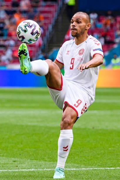 Martin Braithwaite of Denmark controls the ball during the UEFA Euro 2020 Championship Round of 16 match between Wales and Denmark at Johan Cruijff...