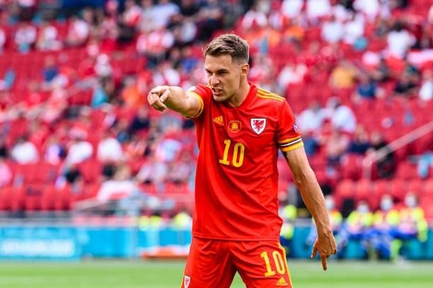 Aaron Ramsey of Wales gestures during the UEFA Euro 2020 Championship Round of 16 match between Wales and Denmark at Johan Cruijff Arena on June 26,...