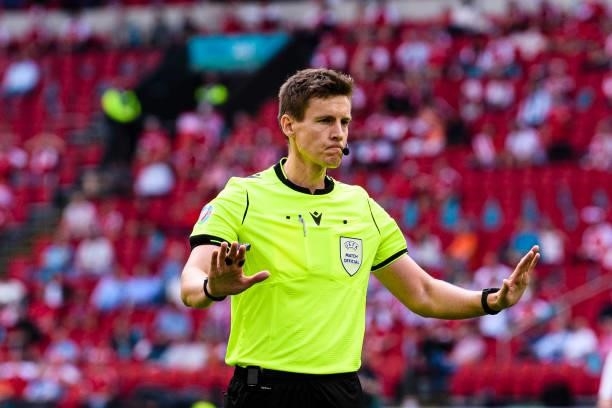 Referee Daniel Siebert of Germany gestures during the UEFA Euro 2020 Championship Round of 16 match between Wales and Denmark at Johan Cruijff Arena...