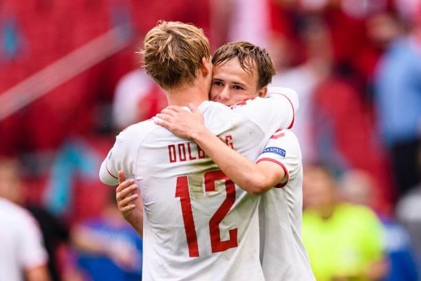 Kasper Dolberg of Denmark celebrates his goal with Mikkel Damsgaard of Denmark during the UEFA Euro 2020 Championship Round of 16 match between Wales...