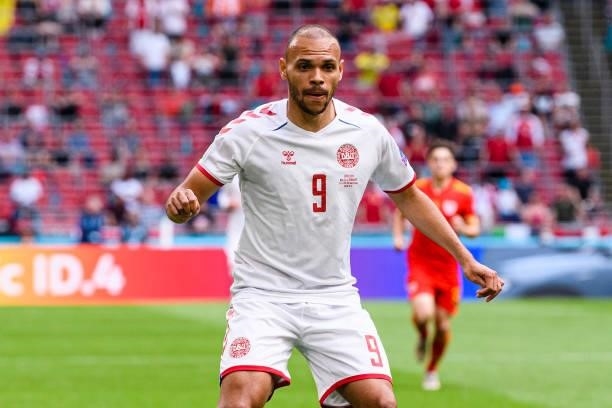Martin Braithwaite of Denmark in action during the UEFA Euro 2020 Championship Round of 16 match between Wales and Denmark at Johan Cruijff Arena on...
