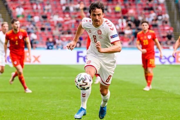 Thomas Delaney of Denmark in action during the UEFA Euro 2020 Championship Round of 16 match between Wales and Denmark at Johan Cruijff Arena on June...