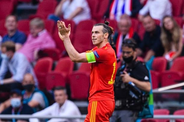 Gareth Bale of Wales gestures during the UEFA Euro 2020 Championship Round of 16 match between Wales and Denmark at Johan Cruijff Arena on June 26,...