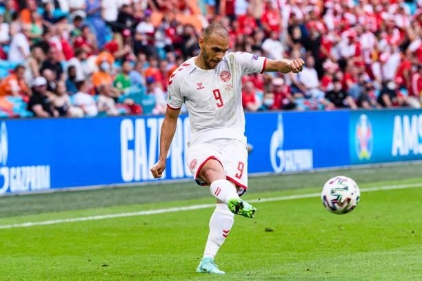 Martin Braithwaite of Denmark passes the ball during the UEFA Euro 2020 Championship Round of 16 match between Wales and Denmark at Johan Cruijff...