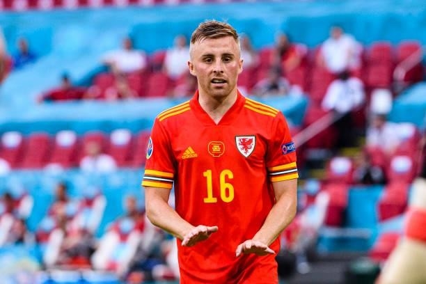 Joe Morrell of Wales gestures during the UEFA Euro 2020 Championship Round of 16 match between Wales and Denmark at Johan Cruijff Arena on June 26,...