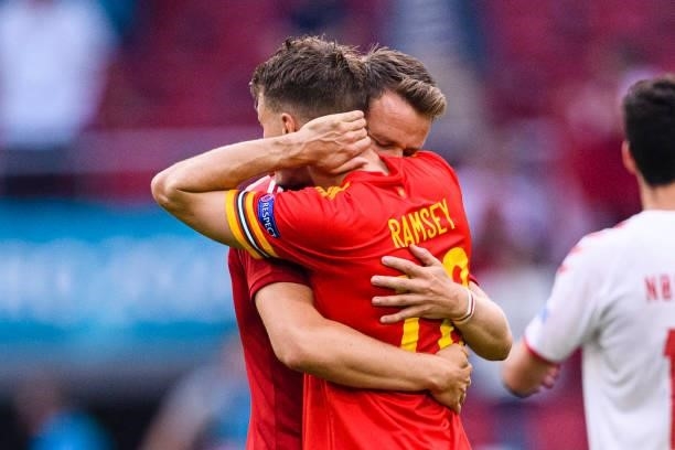 Aaron Ramsey and Christopher Gunter of Wales were crushed after been defeated by Denmark during the UEFA Euro 2020 Championship Round of 16 match...