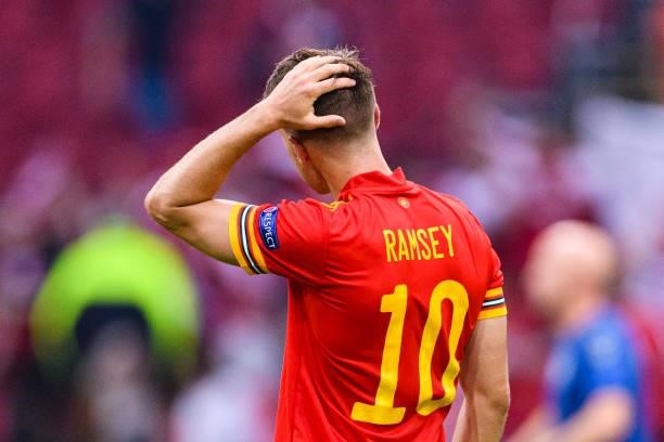 Aaron Ramsey was crushed after been defeated by Denmark during the UEFA Euro 2020 Championship Round of 16 match between Wales and Denmark at Johan...