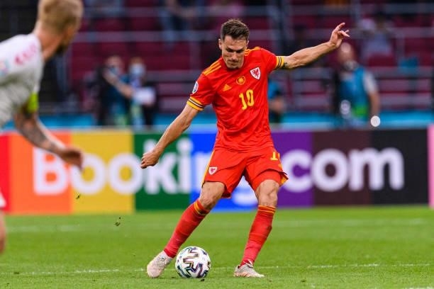 Aaron Ramsey of Wales looks to bring the ball down during the UEFA Euro 2020 Championship Round of 16 match between Wales and Denmark at Johan...