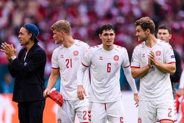 Andreas Christensen of Denmark celebrating with his teammates after winning Wales during the UEFA Euro 2020 Championship Round of 16 match between...