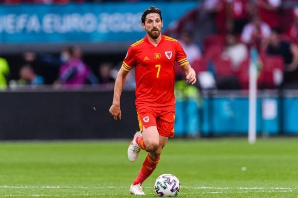 Joe Allen of Wales in action during the UEFA Euro 2020 Championship Round of 16 match between Wales and Denmark at Johan Cruijff Arena on June 26,...