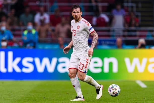 Pierre-Emile Hojbjerg of Denmark passes the ball during the UEFA Euro 2020 Championship Round of 16 match between Wales and Denmark at Johan Cruijff...