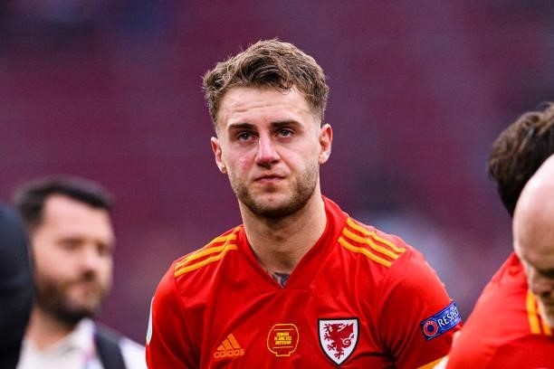 Joe Rodon of Wales was crushed after been defeated by Denmark during the UEFA Euro 2020 Championship Round of 16 match between Wales and Denmark at...