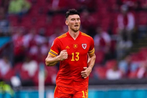 Kieffer Moore of Wales runs in the field during the UEFA Euro 2020 Championship Round of 16 match between Wales and Denmark at Johan Cruijff Arena on...