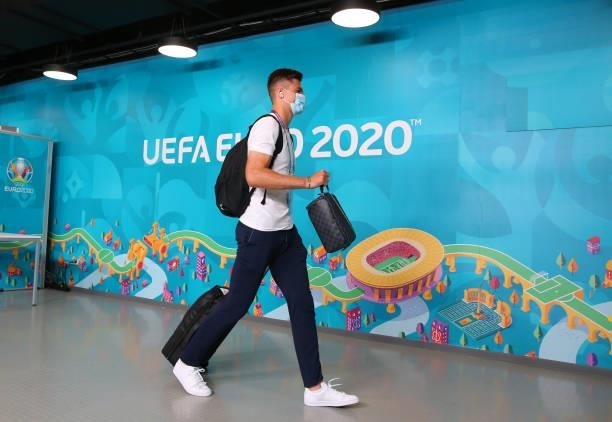 Patrik Schick of Czech Republic is seen wearing a face mask as he arrives at the stadium prior to the UEFA Euro 2020 Championship Round of 16 match...
