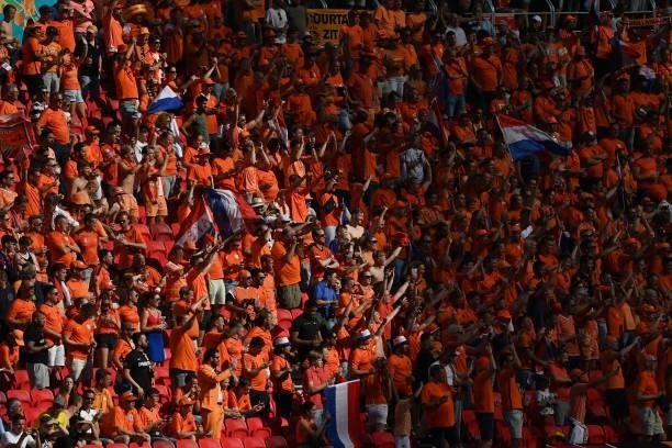 Netherlands fans show their support prior to the UEFA Euro 2020 Championship Round of 16 match between Netherlands and Czech Republic at Puskas Arena...