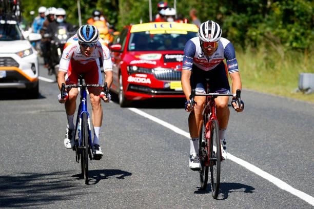 Jérémy Cabot of France and Team Team TotalEnergies & Edward Theuns of Belgium and Team Trek - Segafredo in breakaway during the 108th Tour de France...