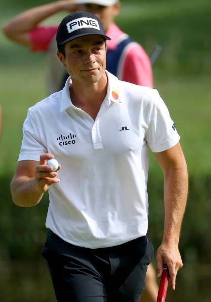 Viktor Hovland of Norway reacts after his birdie on the 16th hole during the final round of The BMW International Open at Golfclub Munchen Eichenried...