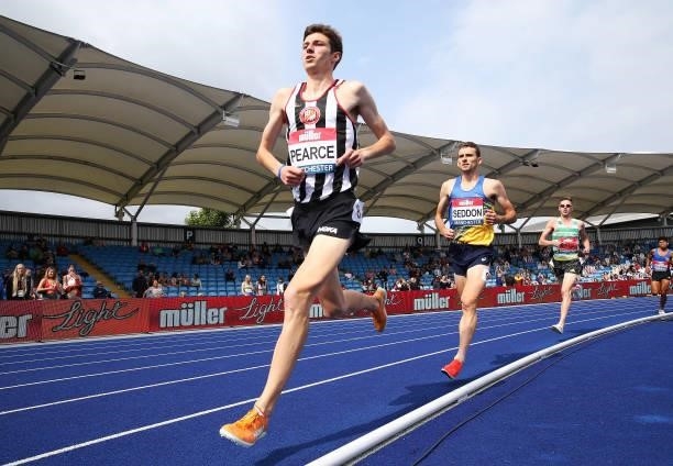 Mark Pearce of Shaftsbury Barnet leads in the Mens 3000m Steeplchase Final during Day Three of the Muller British Athletics Championships at...