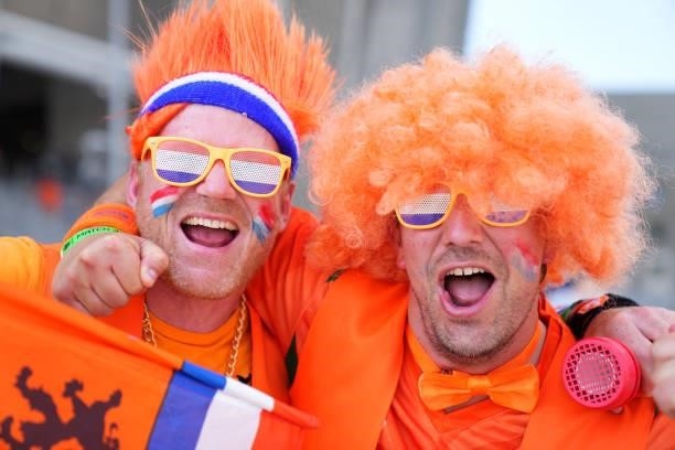 Fans of Netherlands wearing wigs show their support prior to the UEFA Euro 2020 Championship Round of 16 match between Netherlands and Czech Republic...