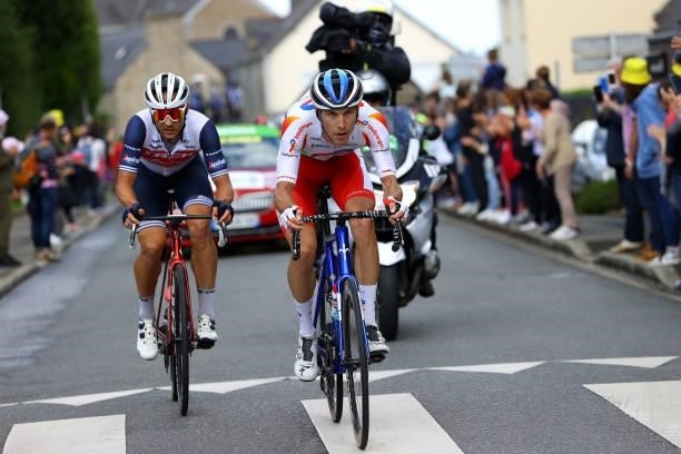 Jérémy Cabot of France and Team Team TotalEnergies & Edward Theuns of Belgium and Team Trek - Segafredo in the Breakaway during the 108th Tour de...