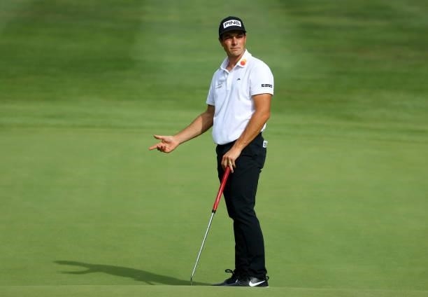 Viktor Hovland of Norway reacts to his putt on the 17th green during the final round of The BMW International Open at Golfclub Munchen Eichenried on...