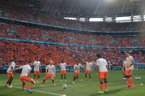 General view inside the stadium as players of Netherlands warm up prior to the UEFA Euro 2020 Championship Round of 16 match between Netherlands and...