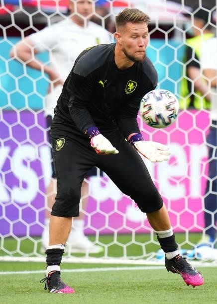 Tomas Vaclik of Czech Republic makes a save as he warms up prior to the UEFA Euro 2020 Championship Round of 16 match between Netherlands and Czech...