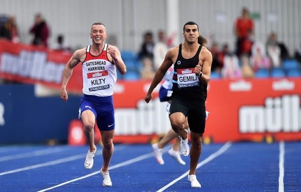 Adam Gemili of Blackheath wins the Mens 200m Final during Day Three of the Muller British Athletics Championships at Manchester Regional Arena on...