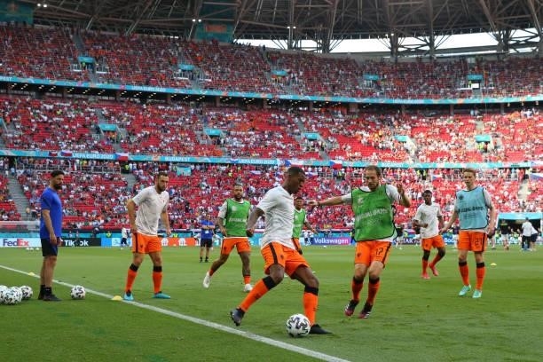 Georginio Wijnaldum of Netherlands makes a pass as he warms up prior to the UEFA Euro 2020 Championship Round of 16 match between Netherlands and...