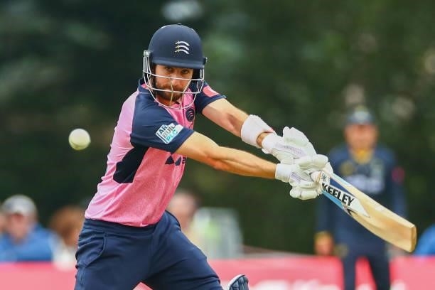Stephen Eskinazi of Middlesex bats during the Vitality Blast T20 match between Middlesex and Glamorgan at Radlett Cricket Club on June 27, 2021 in...