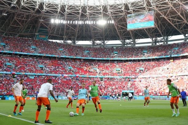 General view inside the stadium as Frenkie de Jong of Netherlands makes a pass as he warms up prior to the UEFA Euro 2020 Championship Round of 16...