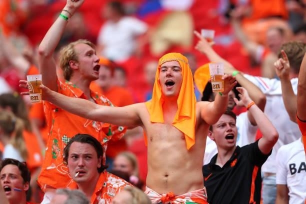 Fans of Netherlands show their support prior to the UEFA Euro 2020 Championship Round of 16 match between Netherlands and Czech Republic at Puskas...