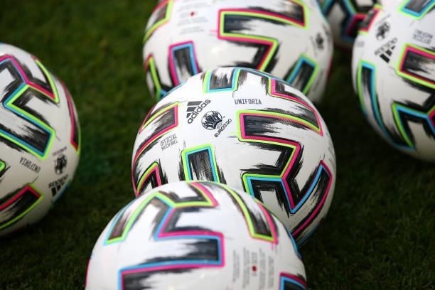 General view of the Adidas Uniforia match balls on the pitch prior to the UEFA Euro 2020 Championship Round of 16 match between Netherlands and Czech...