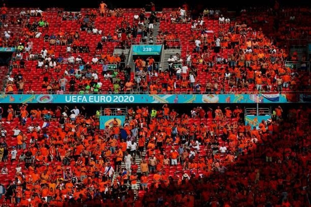 Netherlands fans enjoy the pre match atmosphere prior to the UEFA Euro 2020 Championship Round of 16 match between Netherlands and Czech Republic at...