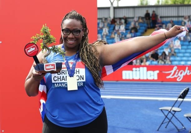 Eden Francis of Leicester pictured after winning the Womens Discus Final during Day Three of the Muller British Athletics Championships at Manchester...