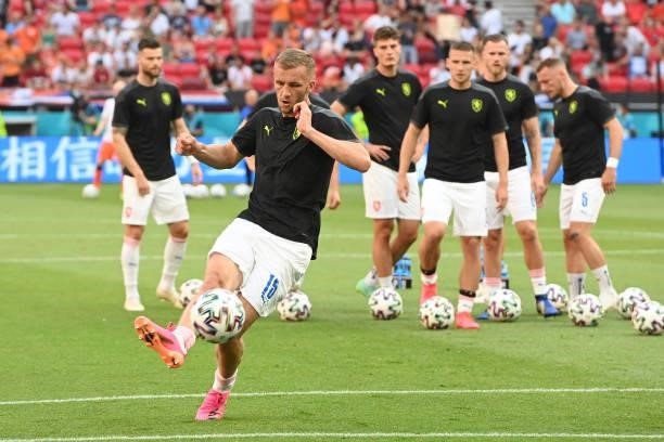 Tomas Soucek of Czech Republic shoots during the warm up prior to the UEFA Euro 2020 Championship Round of 16 match between Netherlands and Czech...